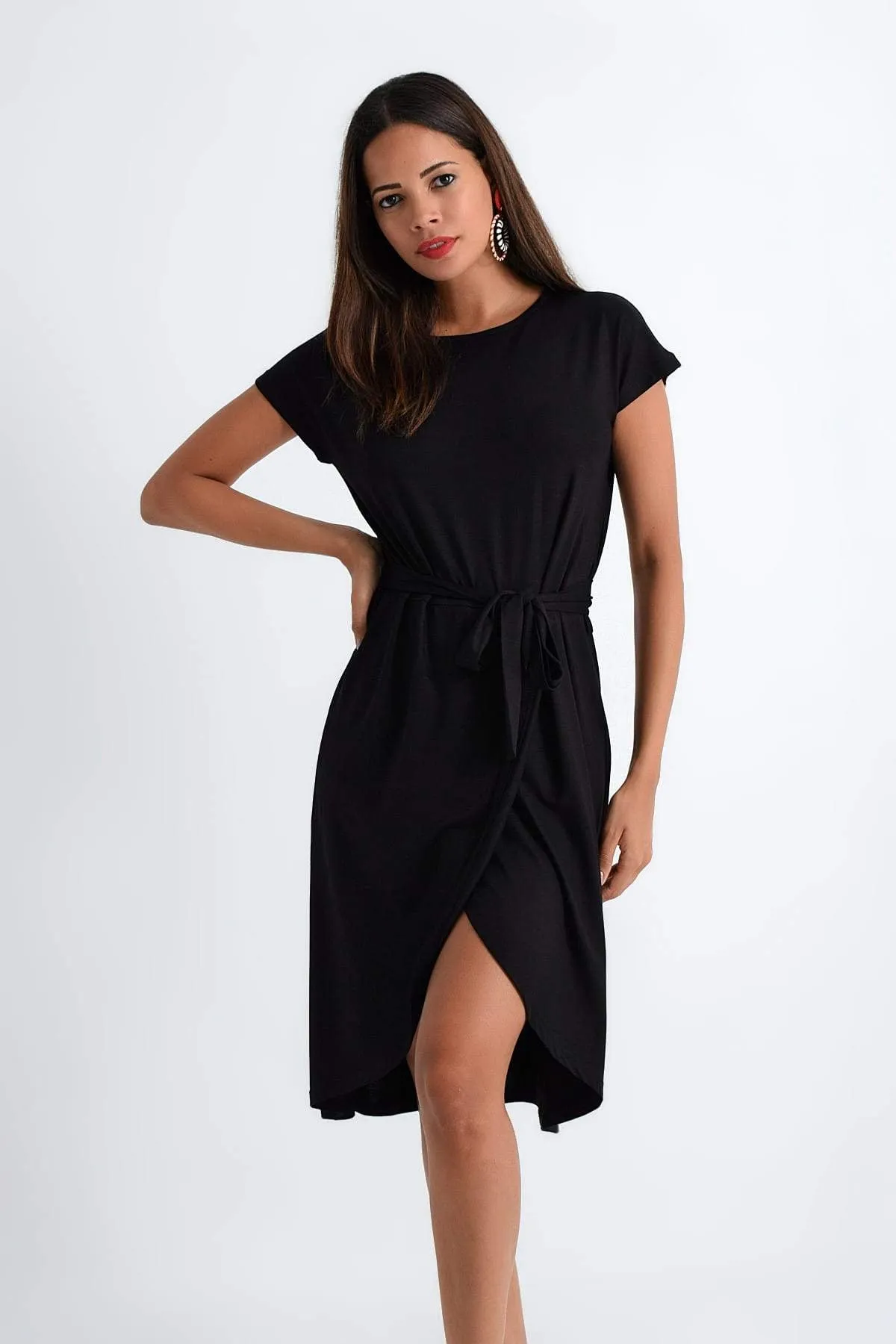 11548 Black Knitted Wrap Skirt Dress