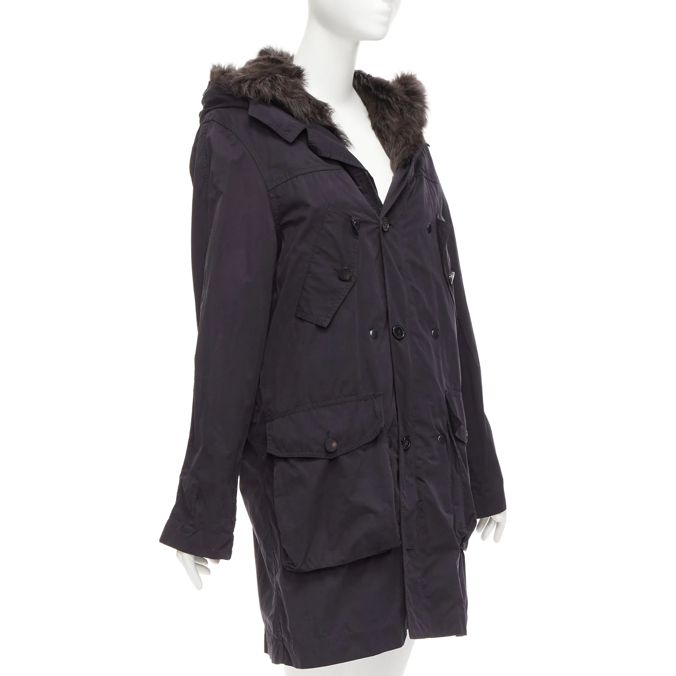 3.1 PHILLIP LIM black cotton brown full sheep fur lined parka coat XS