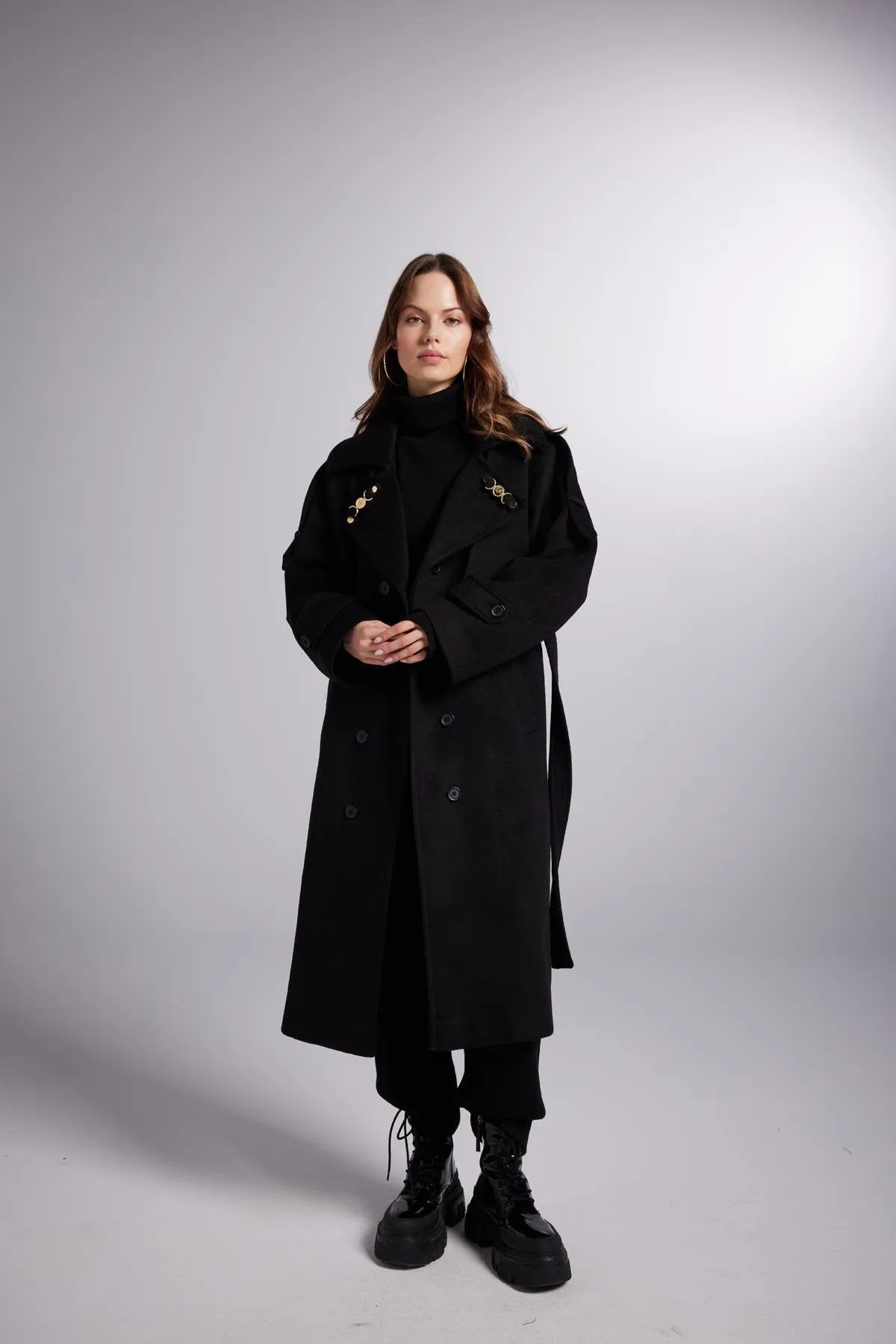 Accessorized Wool Blended Cashmere Maxi Woody Black Coat