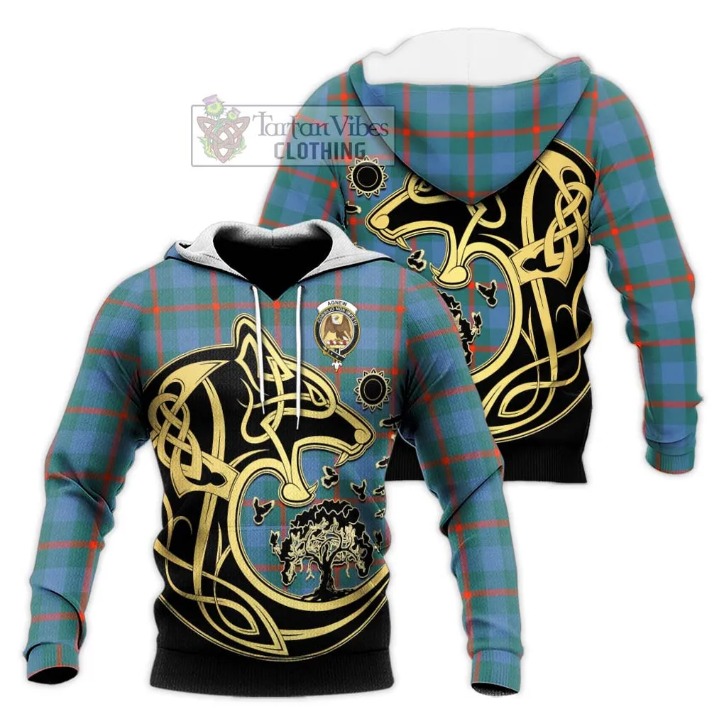 Agnew Ancient Tartan Knitted Hoodie with Family Crest Celtic Wolf Style