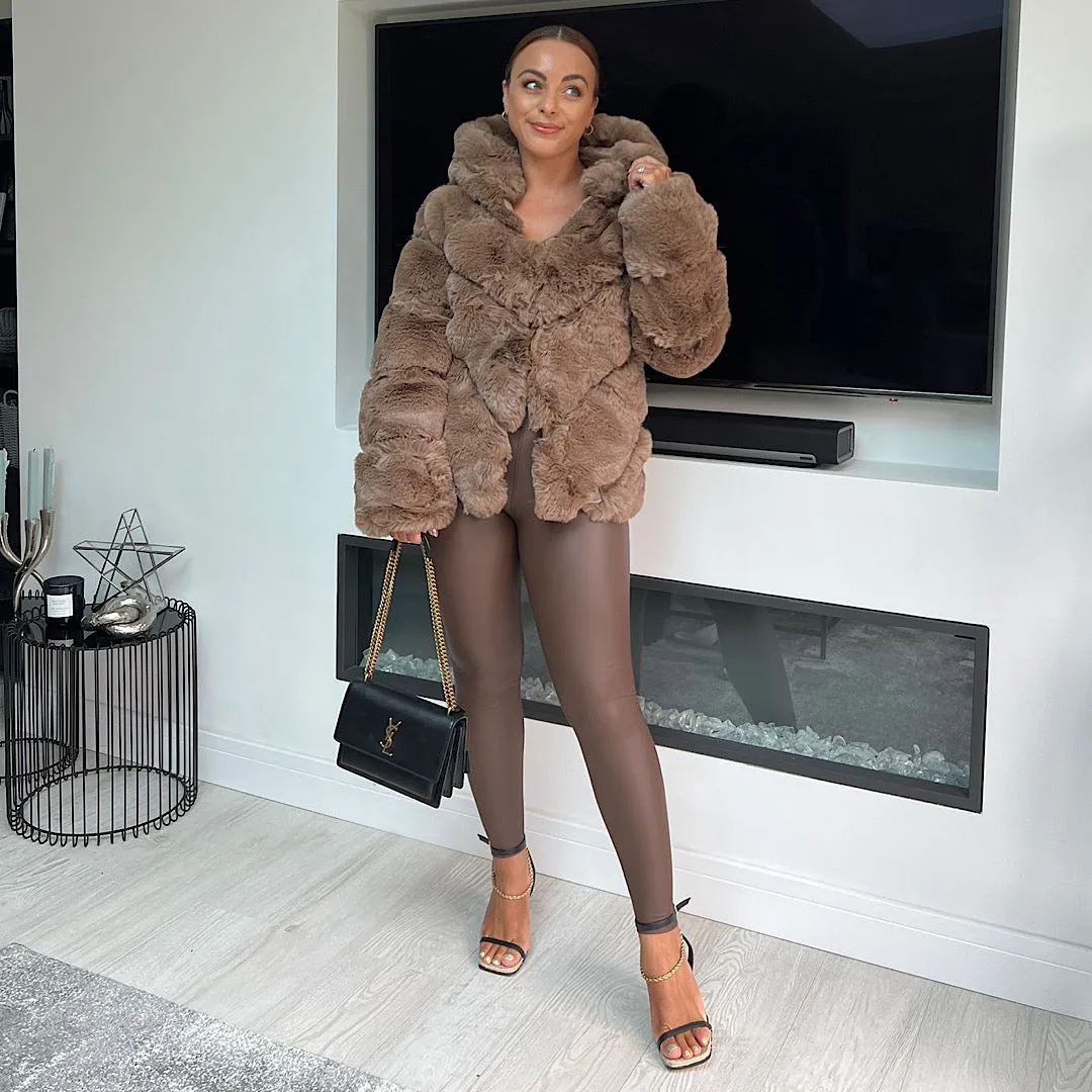 ALBA Taupe Hooded Faux Fur Coat