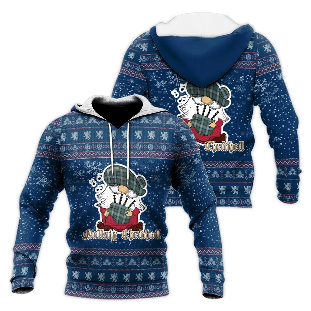 Alexander of Menstry Hunting Clan Christmas Knitted Hoodie with Funny Gnome Playing Bagpipes