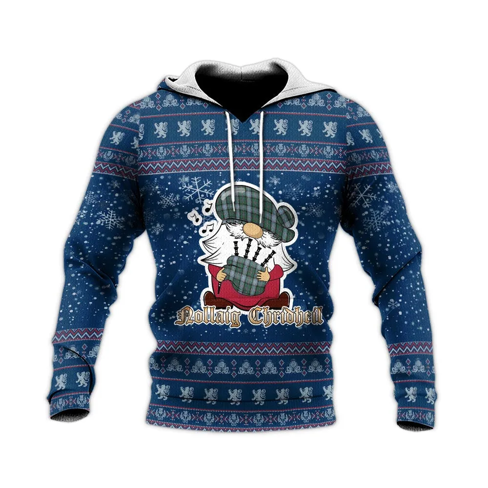 Alexander of Menstry Hunting Clan Christmas Knitted Hoodie with Funny Gnome Playing Bagpipes