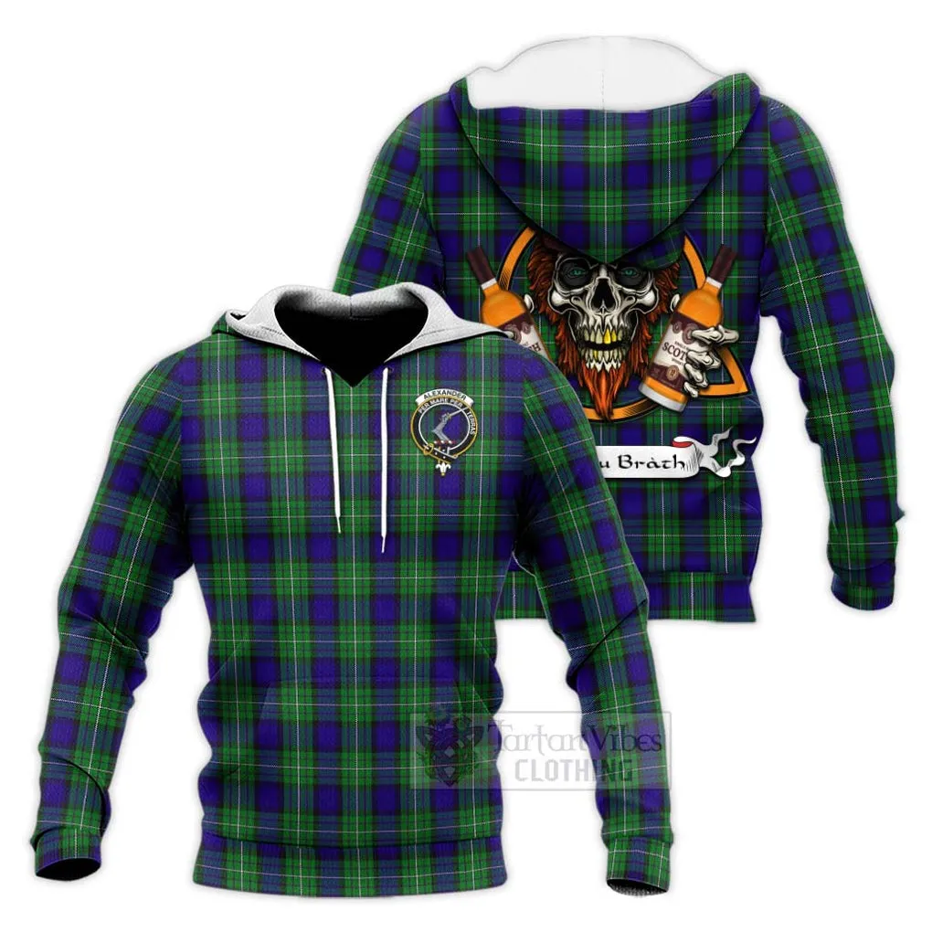 Alexander Tartan Knitted Hoodie with Family Crest and Bearded Skull Holding Bottles of Whiskey