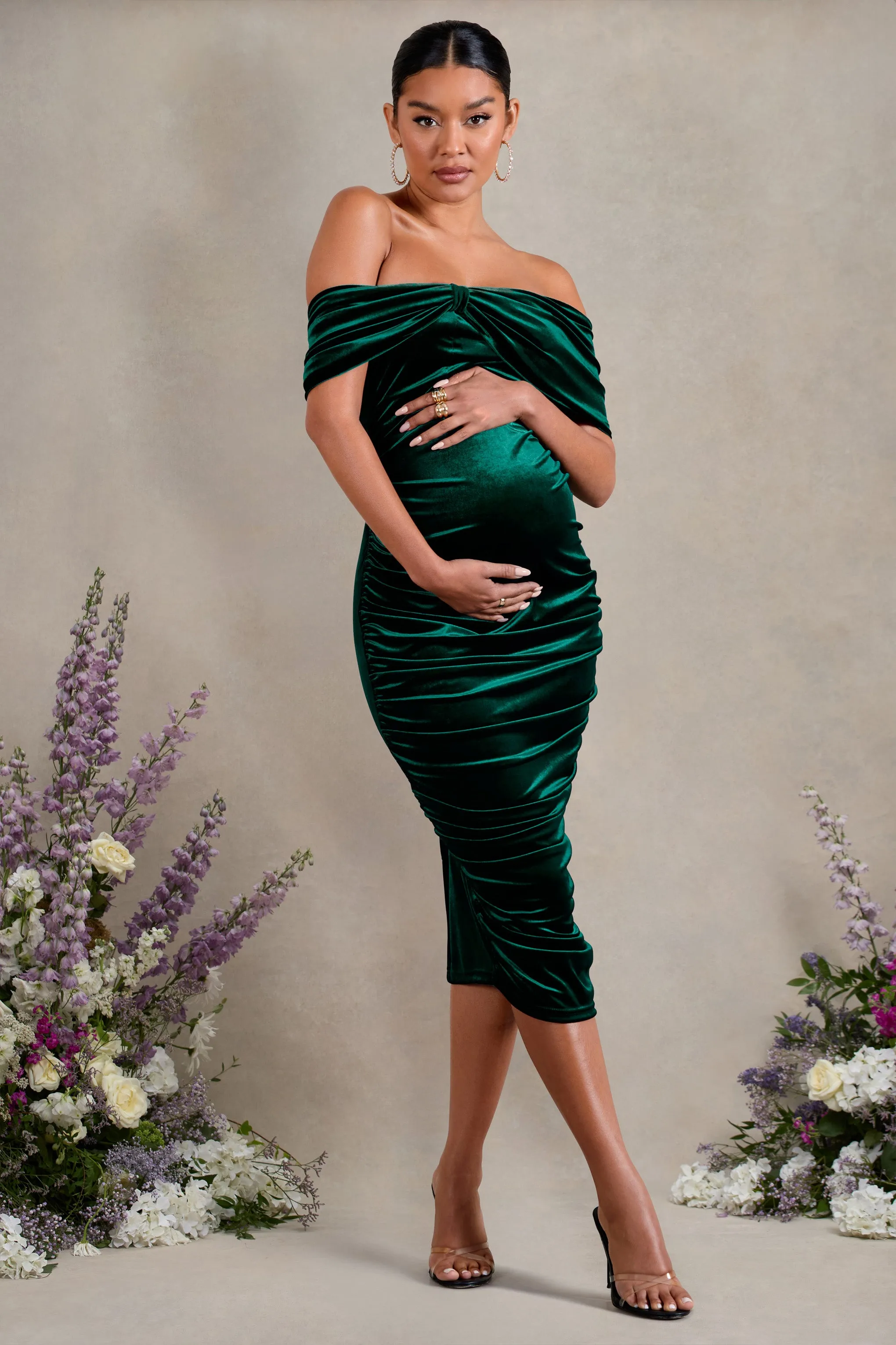 Alyssa | Bottle Green Velvet Maternity Bardot Bow Maternity Midi Dress with Ruching