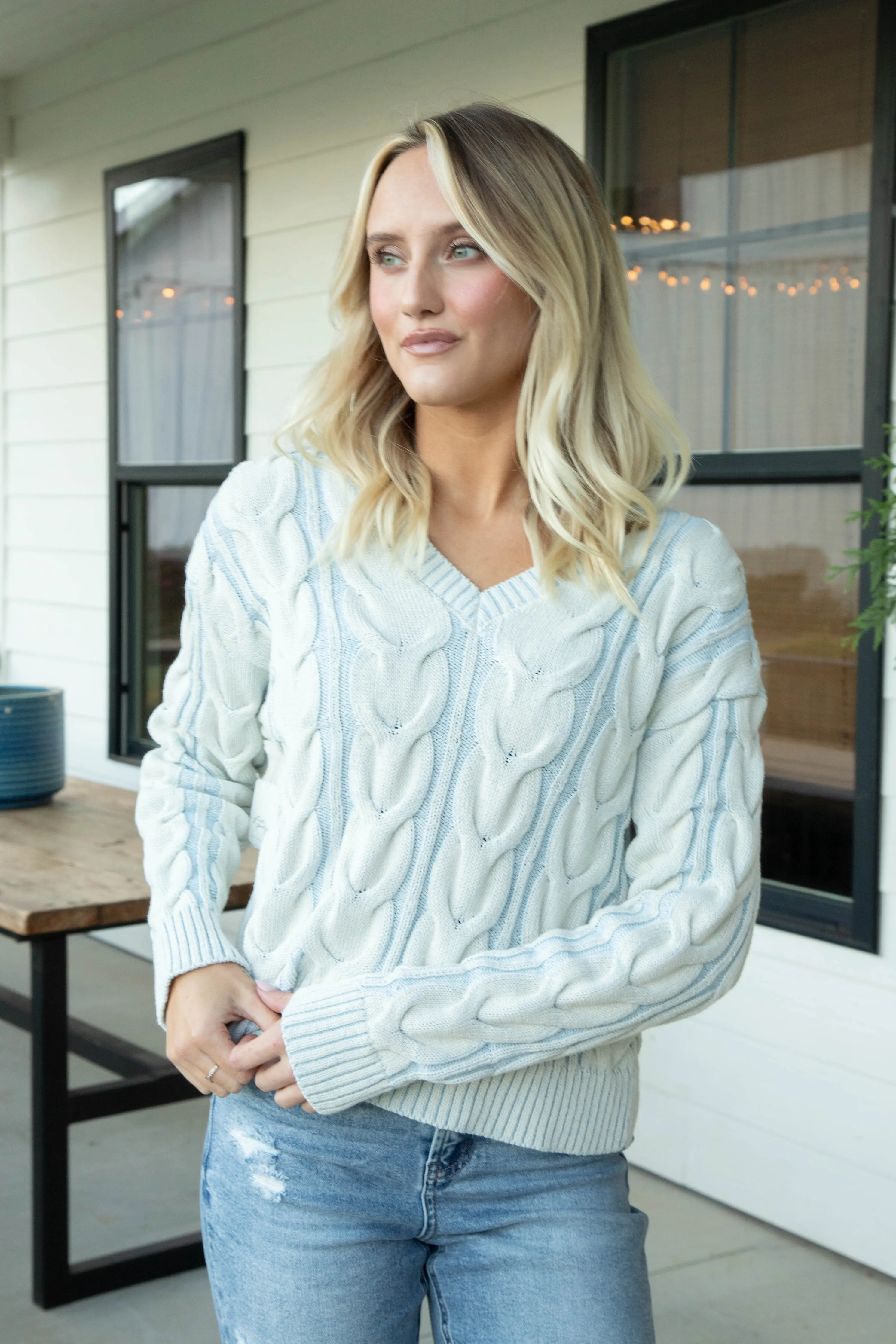 Analeigh Washed Cable Sweater, Pale Blue | Free People