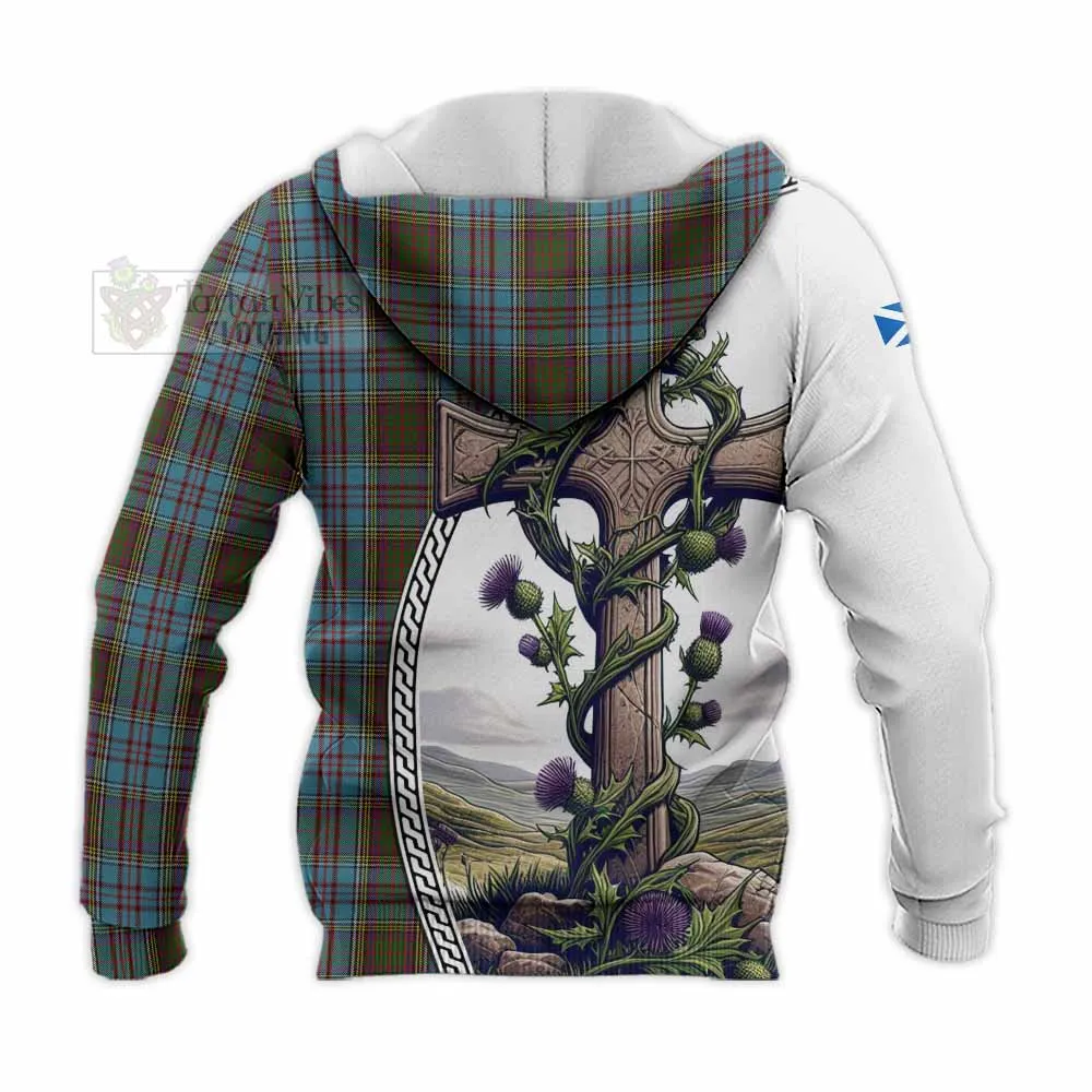 Anderson Tartan Knitted Hoodie with Family Crest and St. Andrew's Cross Accented by Thistle Vines