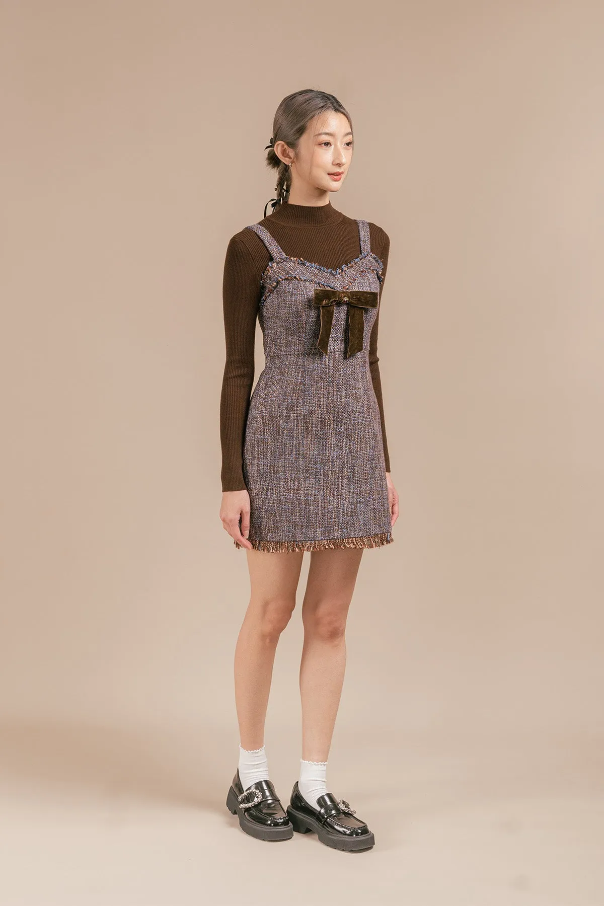 Annaline Tweed Short Ribbon Dress and Ribbed Top Set