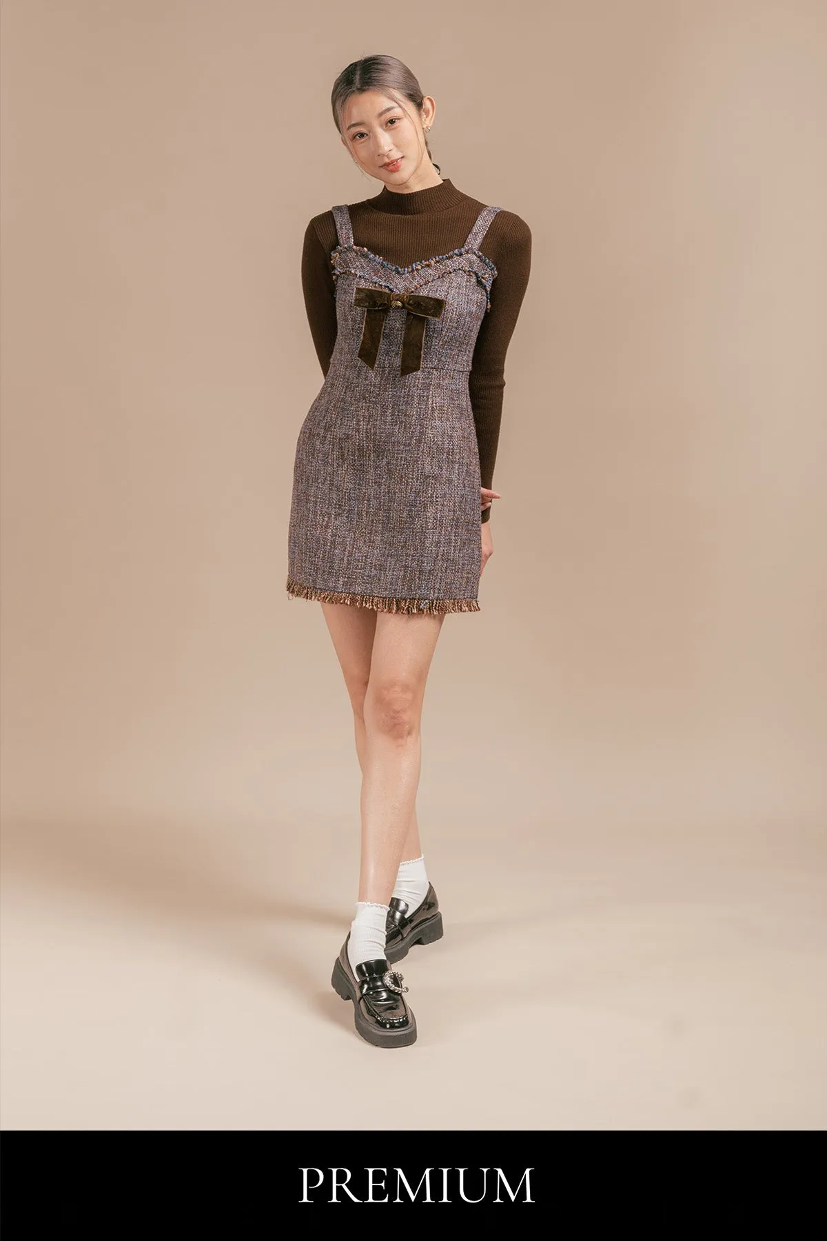 Annaline Tweed Short Ribbon Dress and Ribbed Top Set