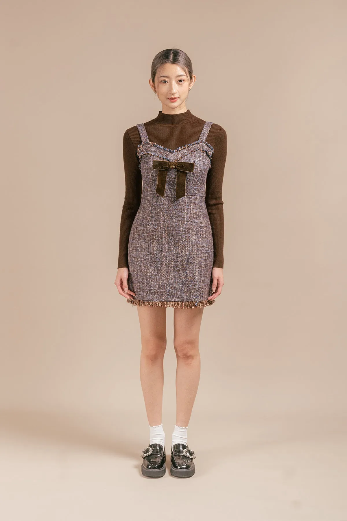 Annaline Tweed Short Ribbon Dress and Ribbed Top Set