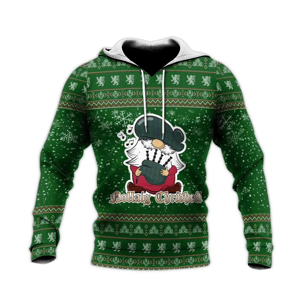 Arbuthnot Clan Christmas Knitted Hoodie with Funny Gnome Playing Bagpipes