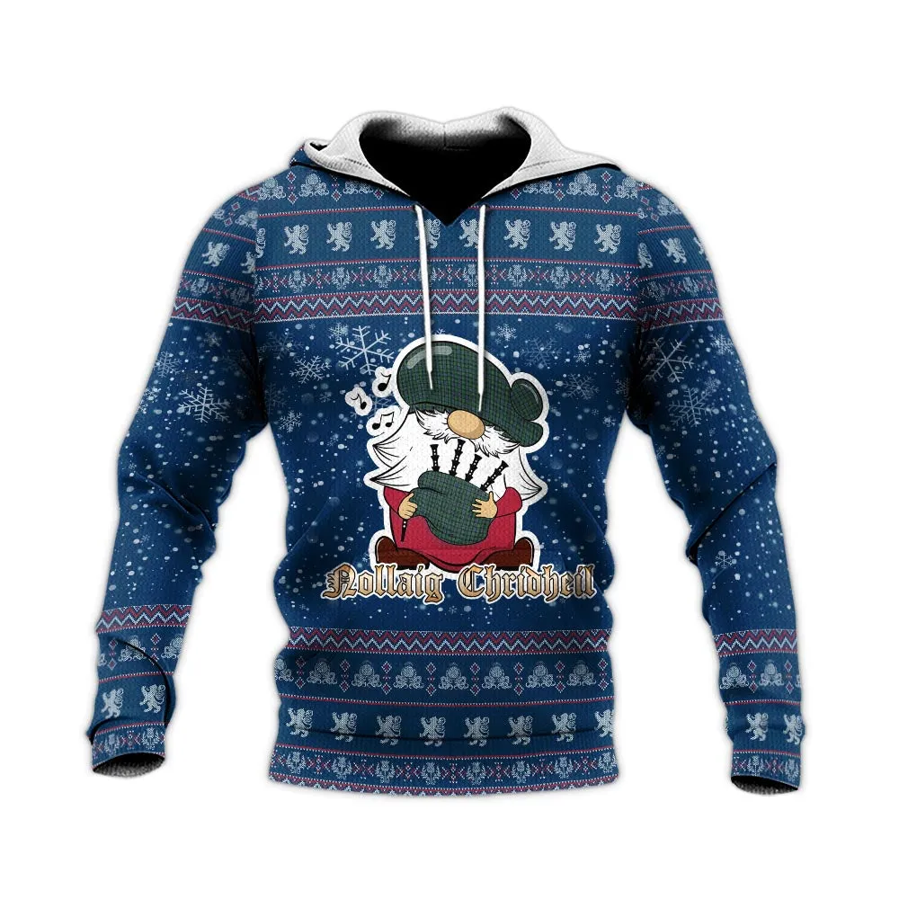 Arbuthnot Clan Christmas Knitted Hoodie with Funny Gnome Playing Bagpipes