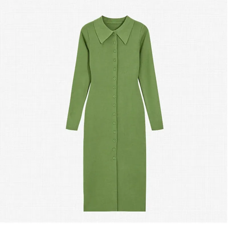 Autumn Winter Bodycon Dresses Sweater Knitted Green Women Sexy Midi Split Long Sleeve Casual Jumper C-137