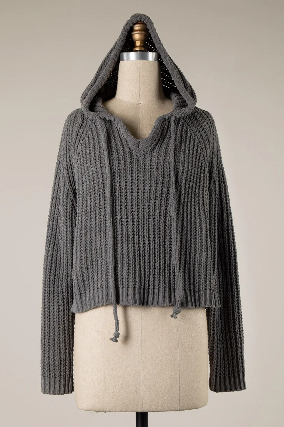 BACK SLIT CABLE KNIT CHENILLE HOODIE SWEATER 1 PACK