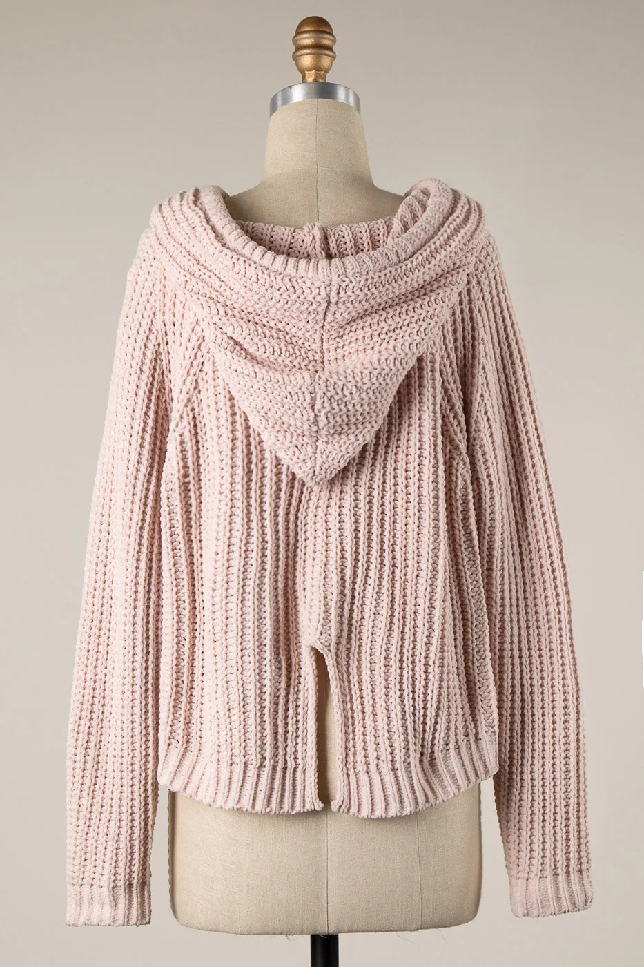 BACK SLIT CABLE KNIT CHENILLE HOODIE SWEATER 1 PACK