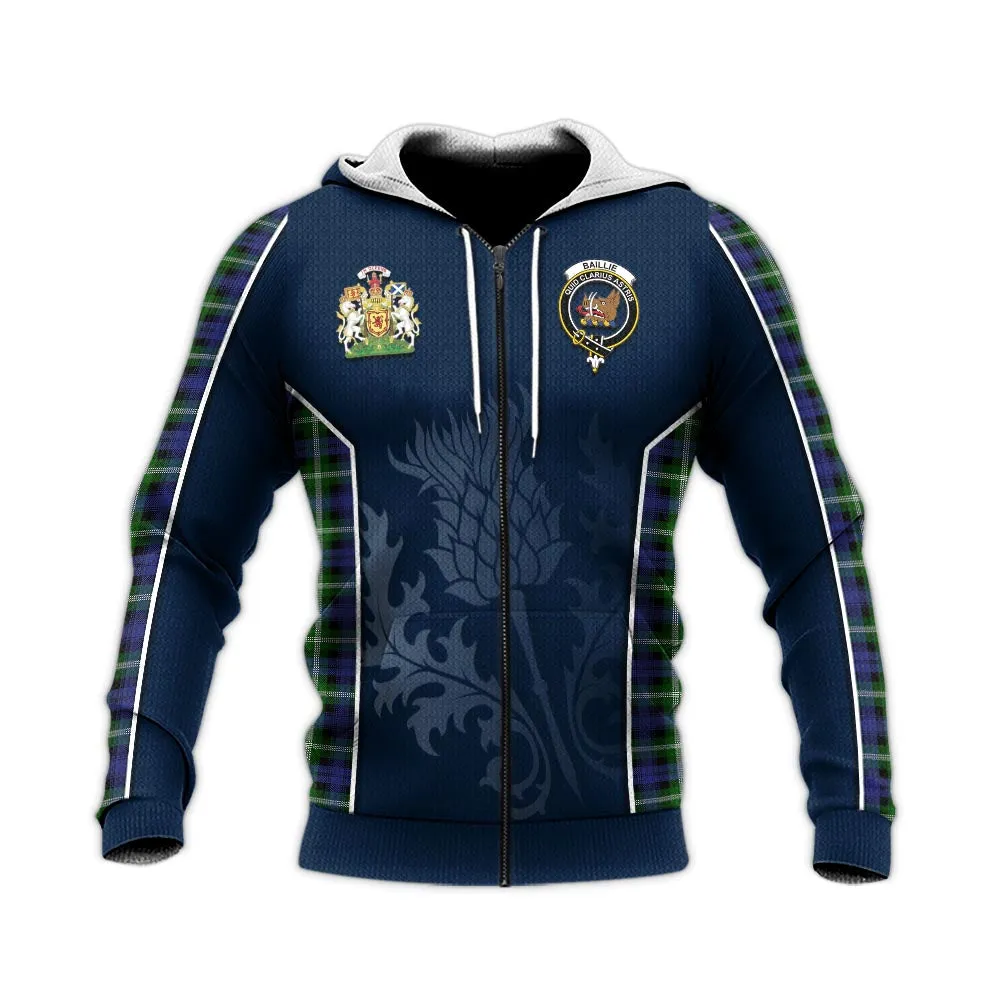 Baillie (Bailey) Tartan Knitted Hoodie with Family Crest and Scottish Thistle Vibes Sport Style