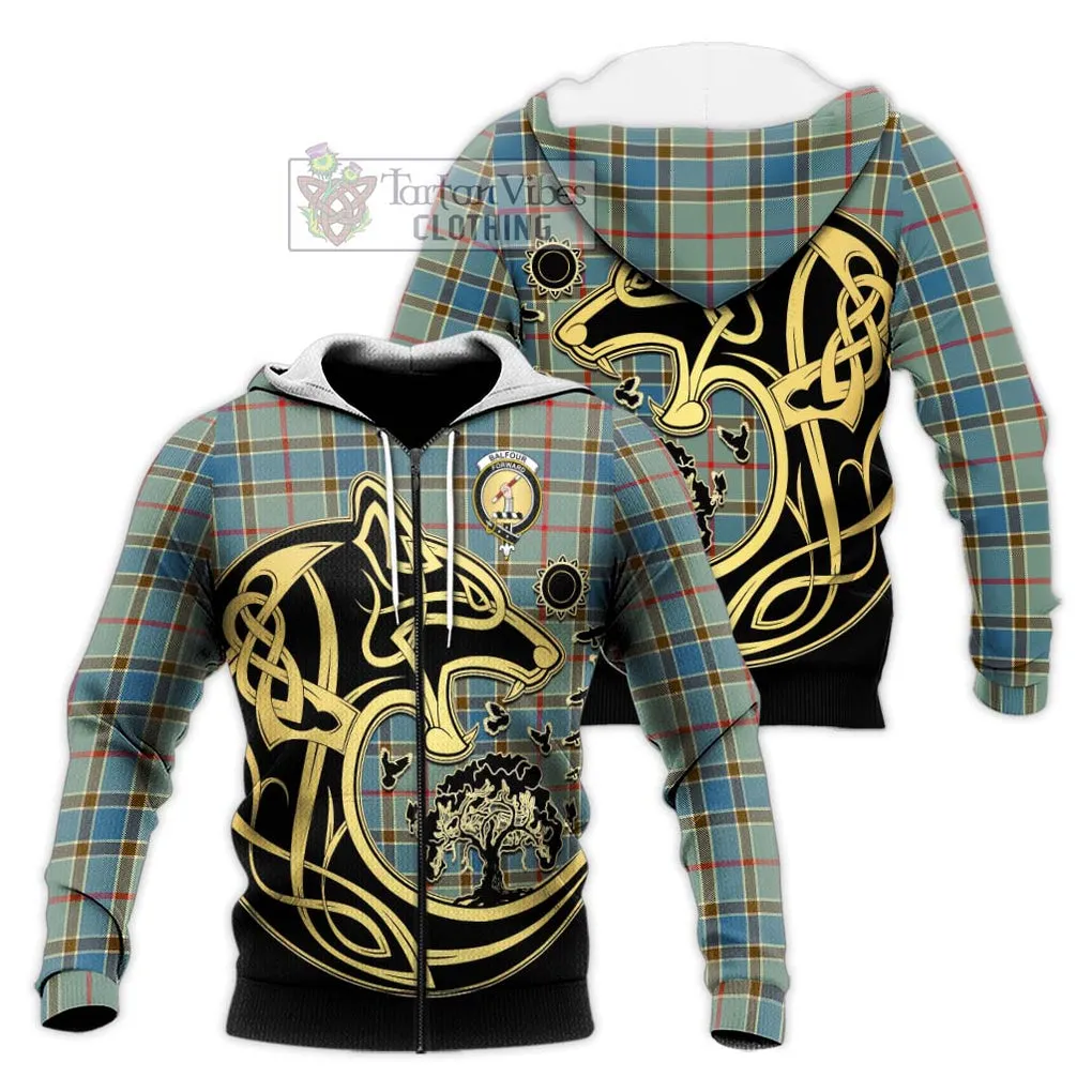 Balfour Blue Tartan Knitted Hoodie with Family Crest Celtic Wolf Style