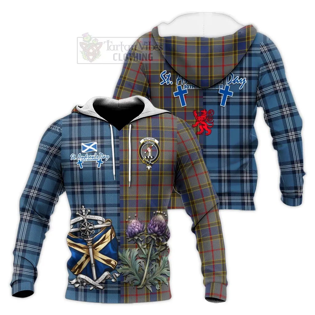 Balfour Tartan Knitted Hoodie Happy St. Andrew's Day Half Tartan Style