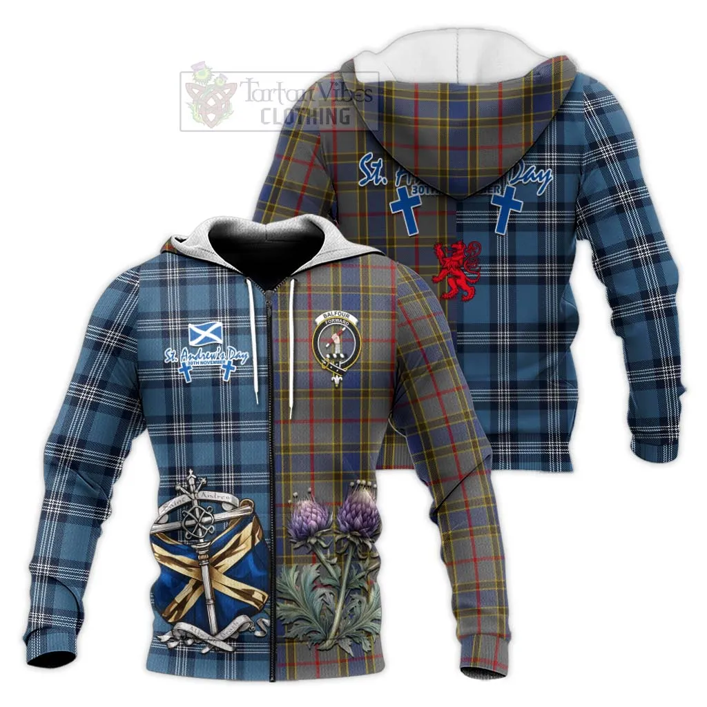 Balfour Tartan Knitted Hoodie Happy St. Andrew's Day Half Tartan Style