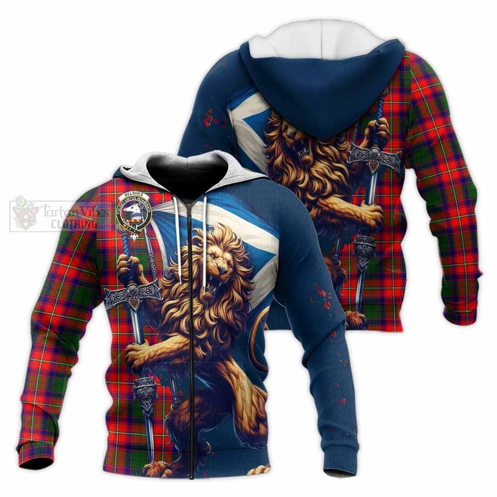 Belshes (Belsches) Tartan Family Crest Knitted Hoodie with Scottish Majestic Lion