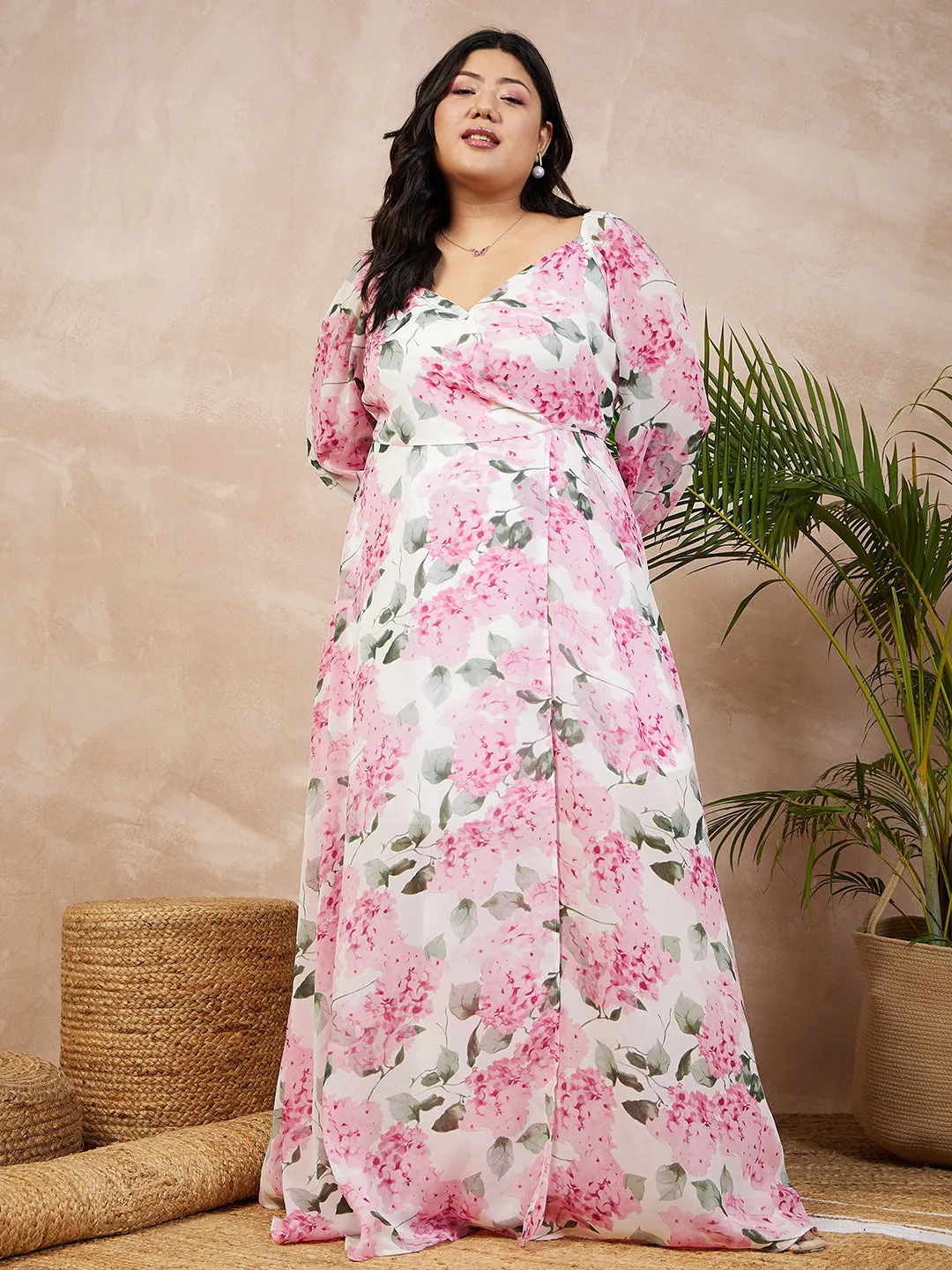 Berrylush Women Plus Size White & Pink Floral Printed Sweetheart Neck Waist Tie-Up Georgette Pleated Wrap Maxi Dress