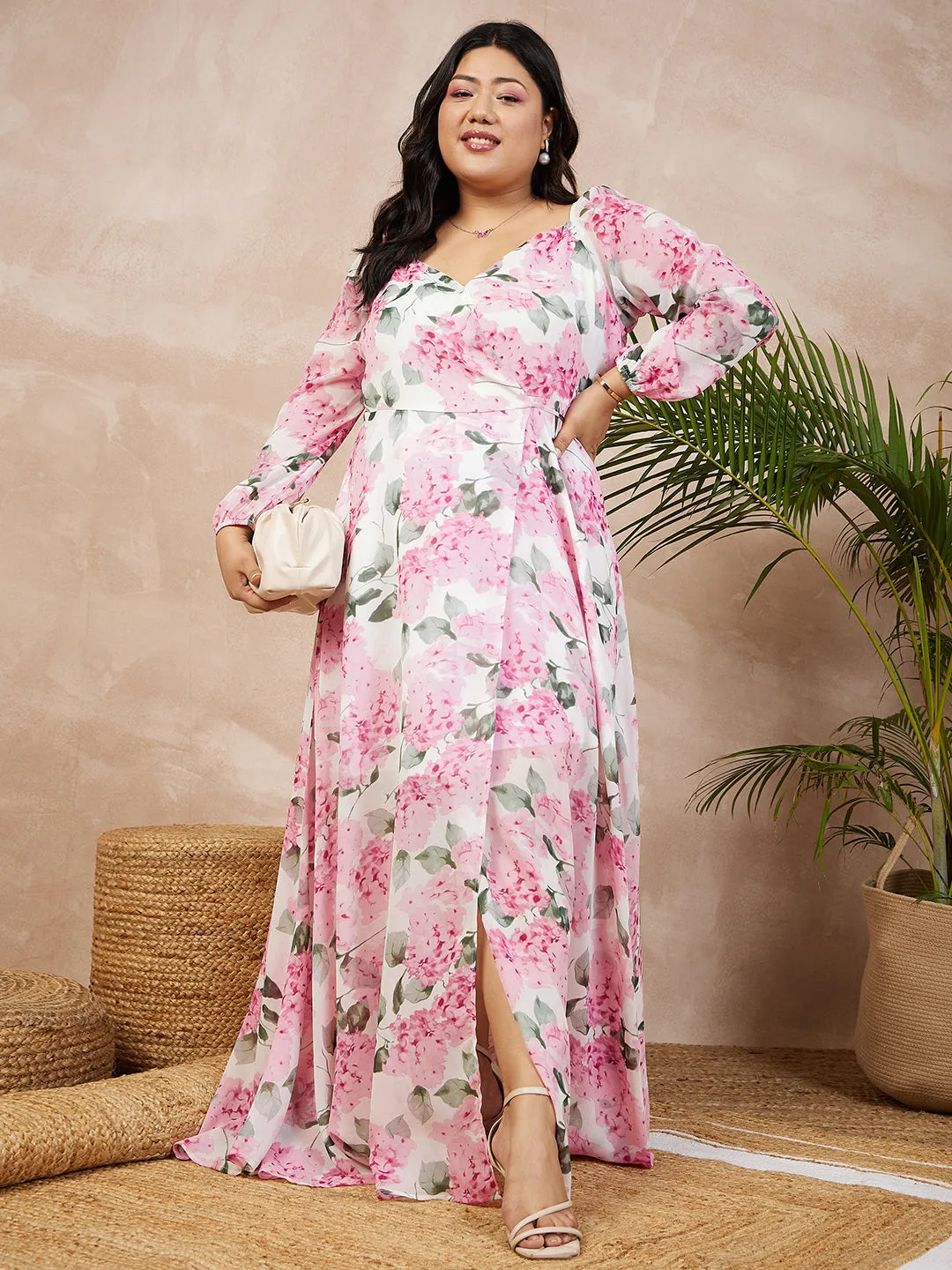 Berrylush Women Plus Size White & Pink Floral Printed Sweetheart Neck Waist Tie-Up Georgette Pleated Wrap Maxi Dress