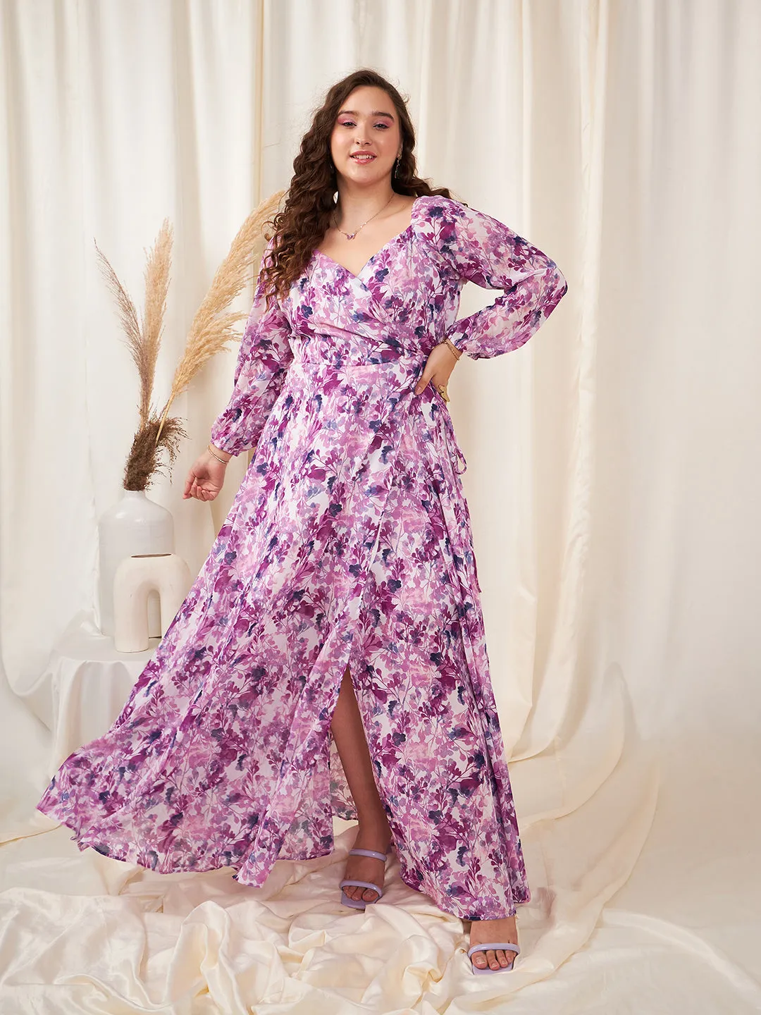 Berrylush Women Plus Size White, Purple, & Navy Blue Floral Printed Sweetheart Neck Waist Tie-Up Georgette Pleated Wrap Maxi Dress