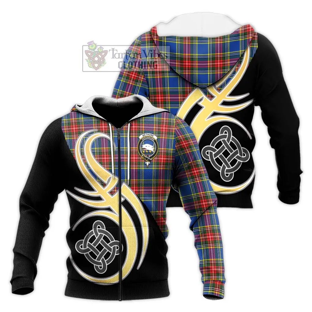 Bethune Tartan Knitted Hoodie with Family Crest and Celtic Symbol Style