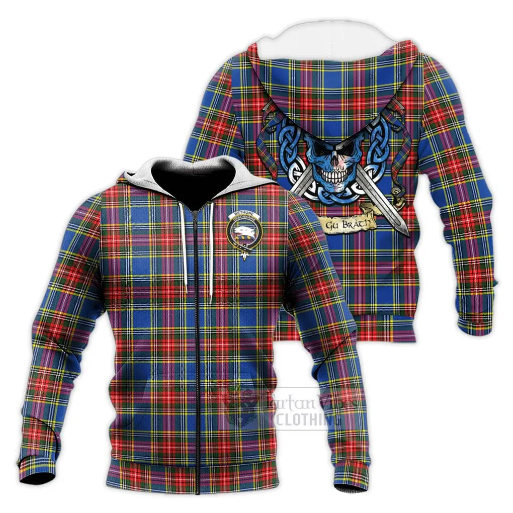 Bethune Tartan Knitted Hoodie with Family Crest Celtic Skull Style