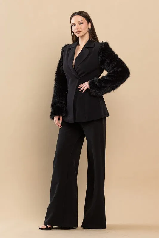 Black Faux Fur Sleeves Blazer And Pants Set