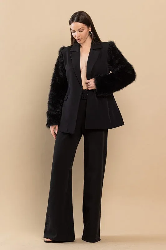 Black Faux Fur Sleeves Blazer And Pants Set