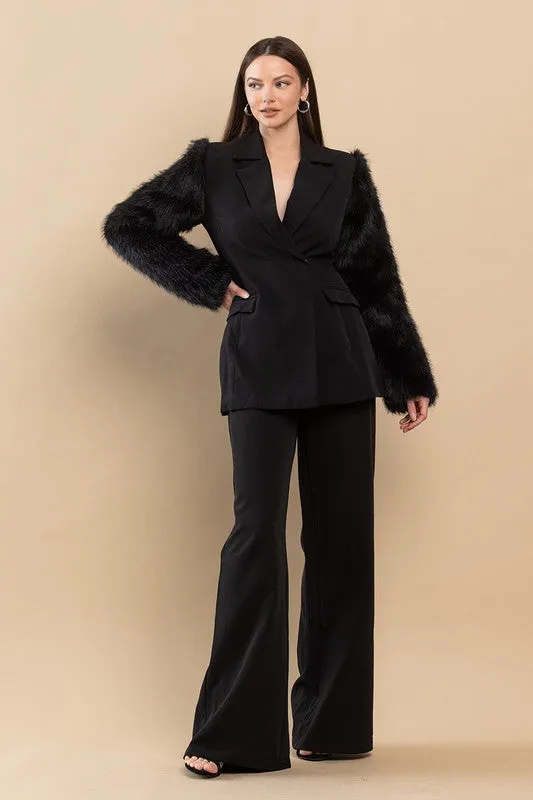 Black Faux Fur Sleeves Blazer And Pants Set