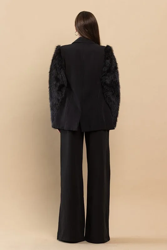 Black Faux Fur Sleeves Blazer And Pants Set