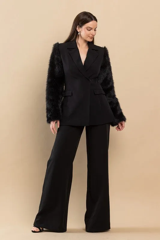 Black Faux Fur Sleeves Blazer And Pants Set