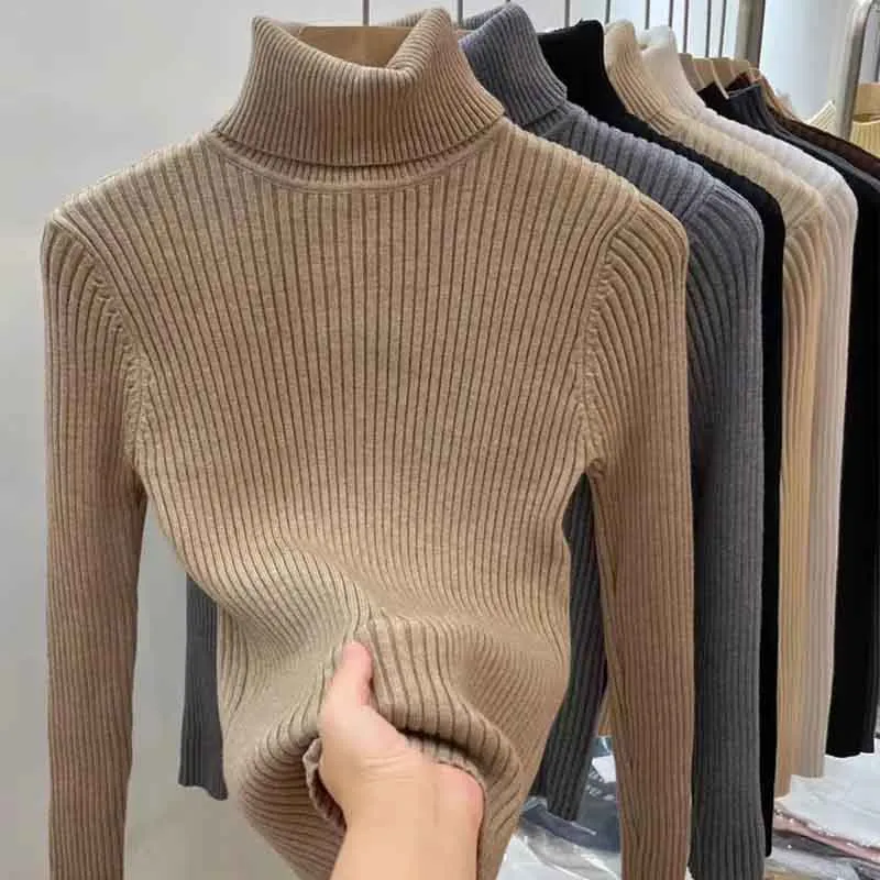 Black Friday Sonicelife Zoki Winter Warm Turtleneck Sweater Women Solid Simple Basic Thick Velvet Knitted Pullover Korean Elegant Slim All Match Jumper