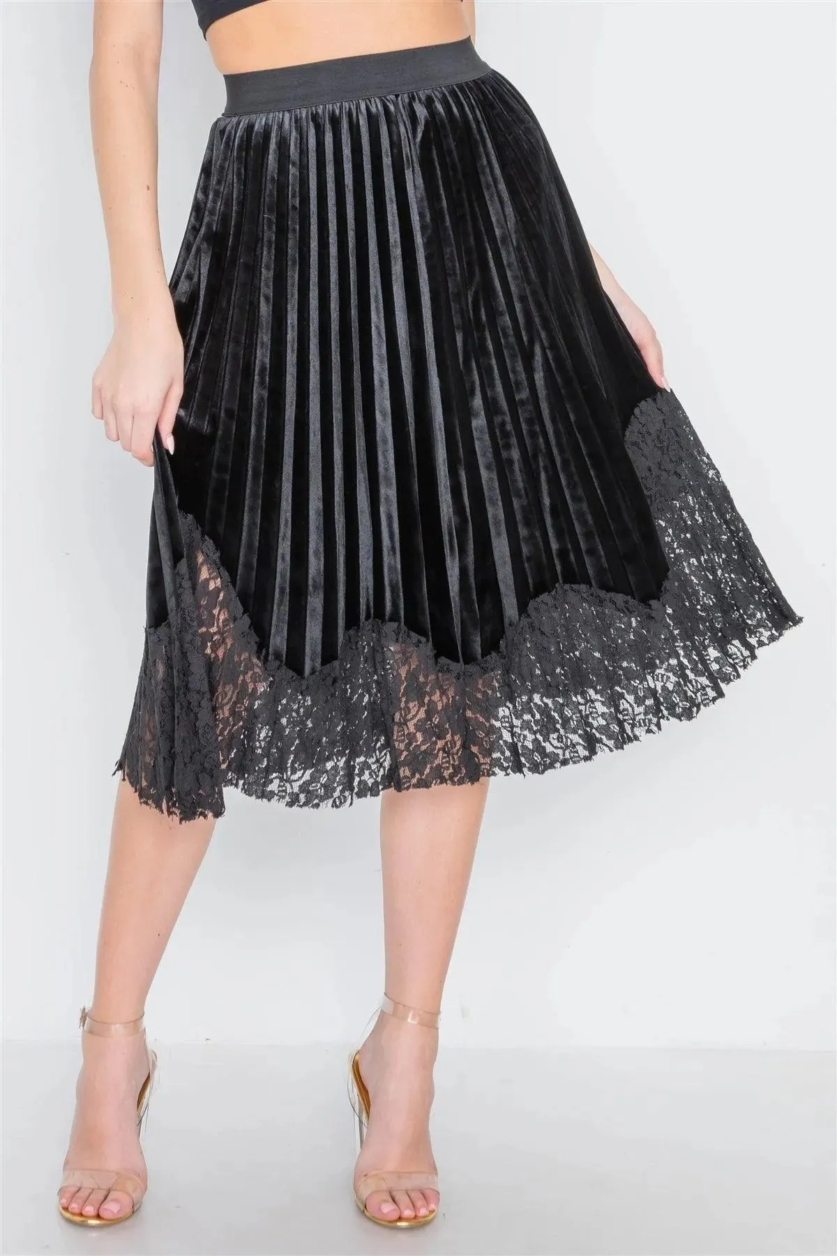 Black Velvet High-Waist Pleated Combo Lace Skirt /2-2-2