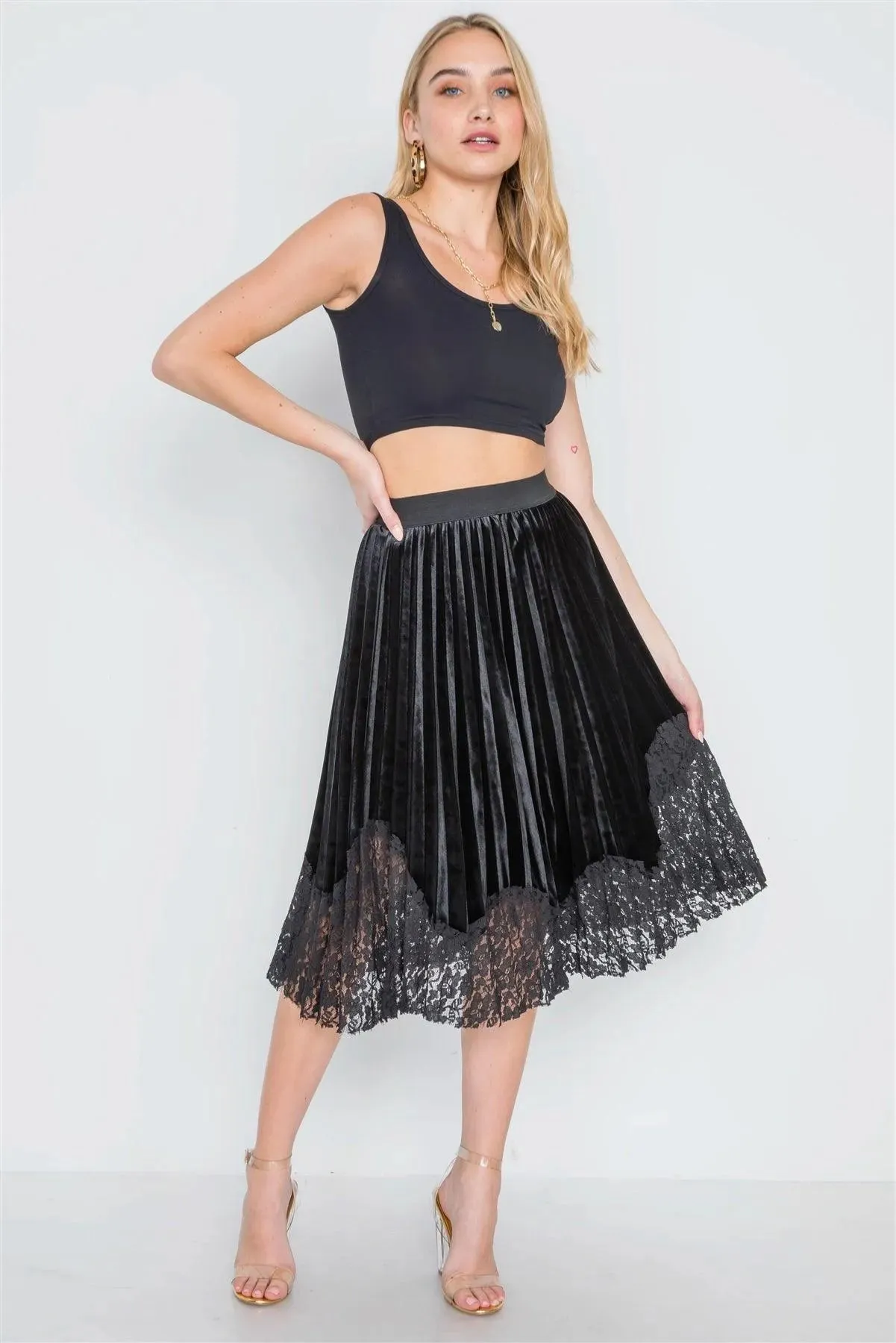 Black Velvet High-Waist Pleated Combo Lace Skirt