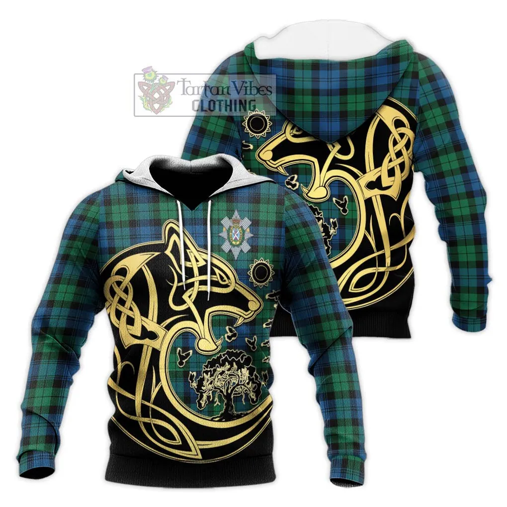 Black Watch Ancient Tartan Knitted Hoodie with Family Crest Celtic Wolf Style