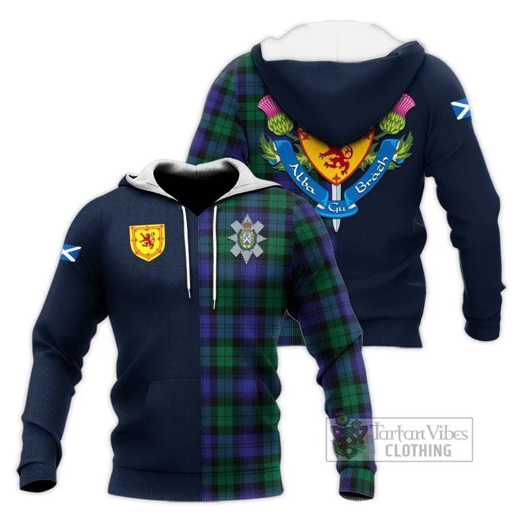 Black Watch Modern Tartan Knitted Hoodie Alba with Scottish Lion Royal Arm Half Style