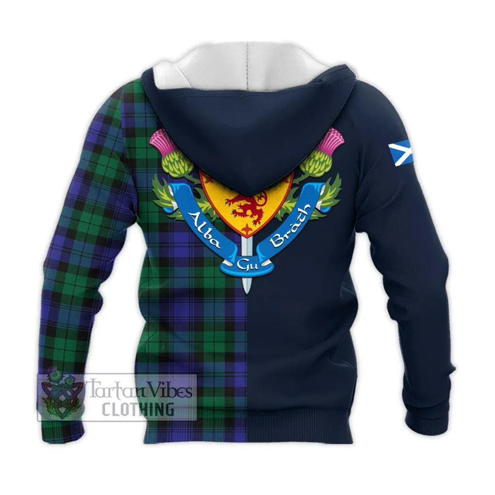 Black Watch Modern Tartan Knitted Hoodie Alba with Scottish Lion Royal Arm Half Style