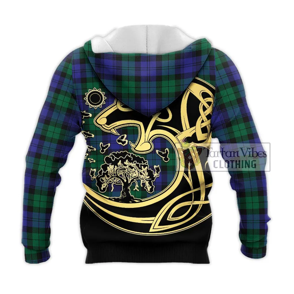 Black Watch Modern Tartan Knitted Hoodie with Family Crest Celtic Wolf Style