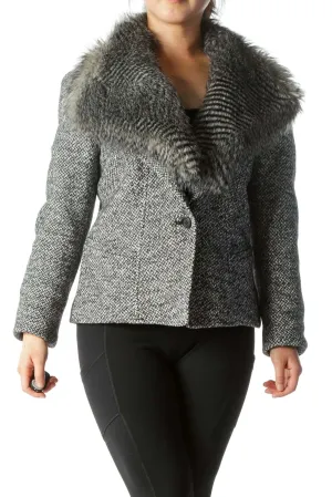 Black White Buttoned Removable Faux-Fur Collar Knit Blazer