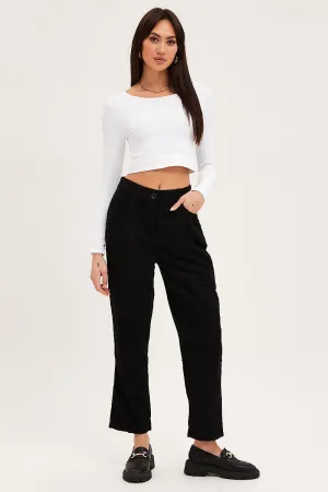 Black Wide Leg Pants Mid Rise Corduroy