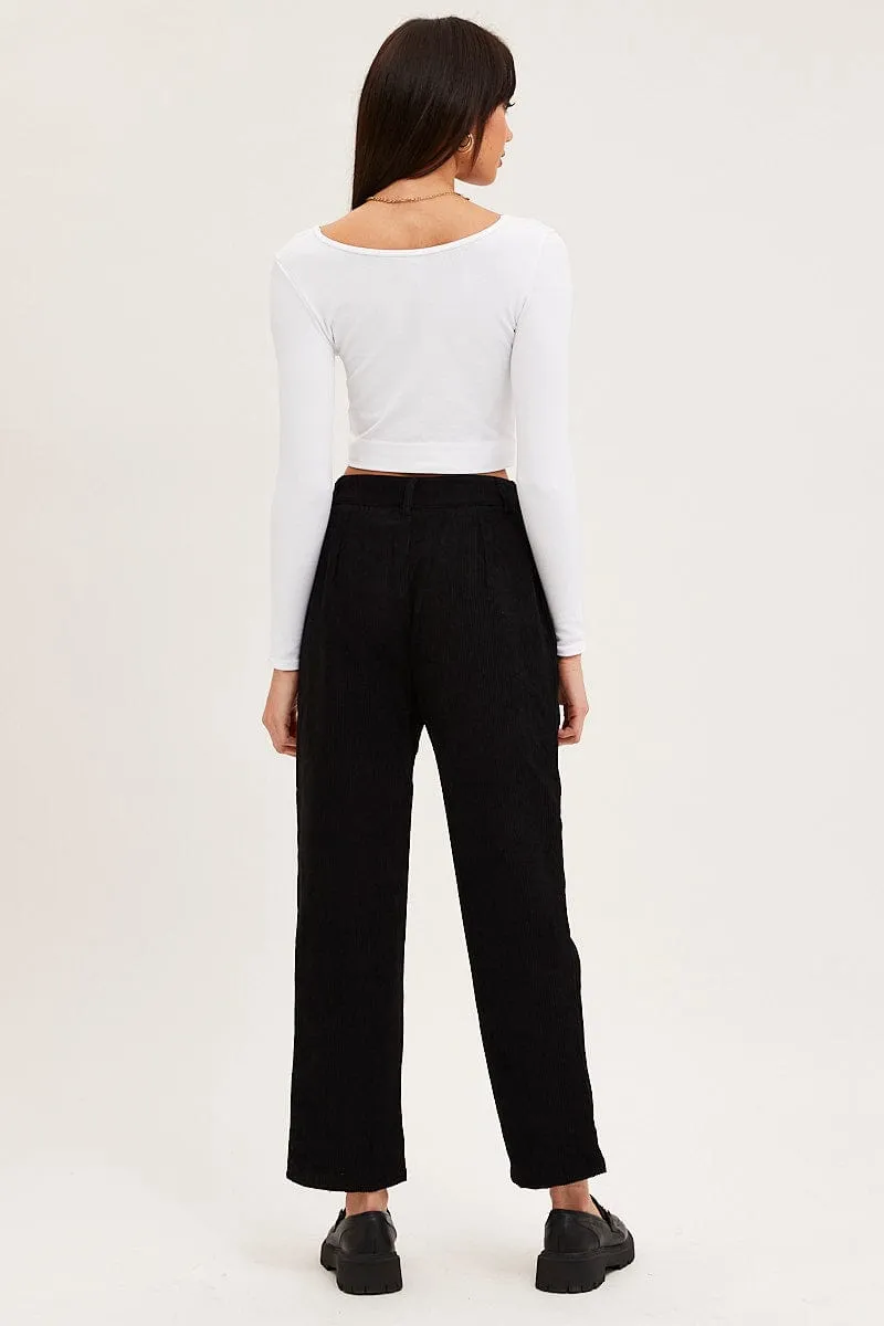 Black Wide Leg Pants Mid Rise Corduroy