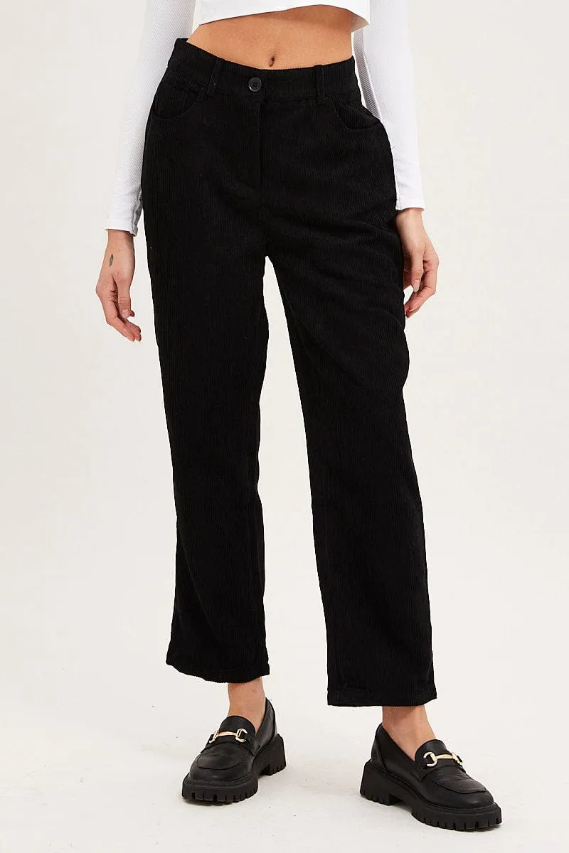 Black Wide Leg Pants Mid Rise Corduroy