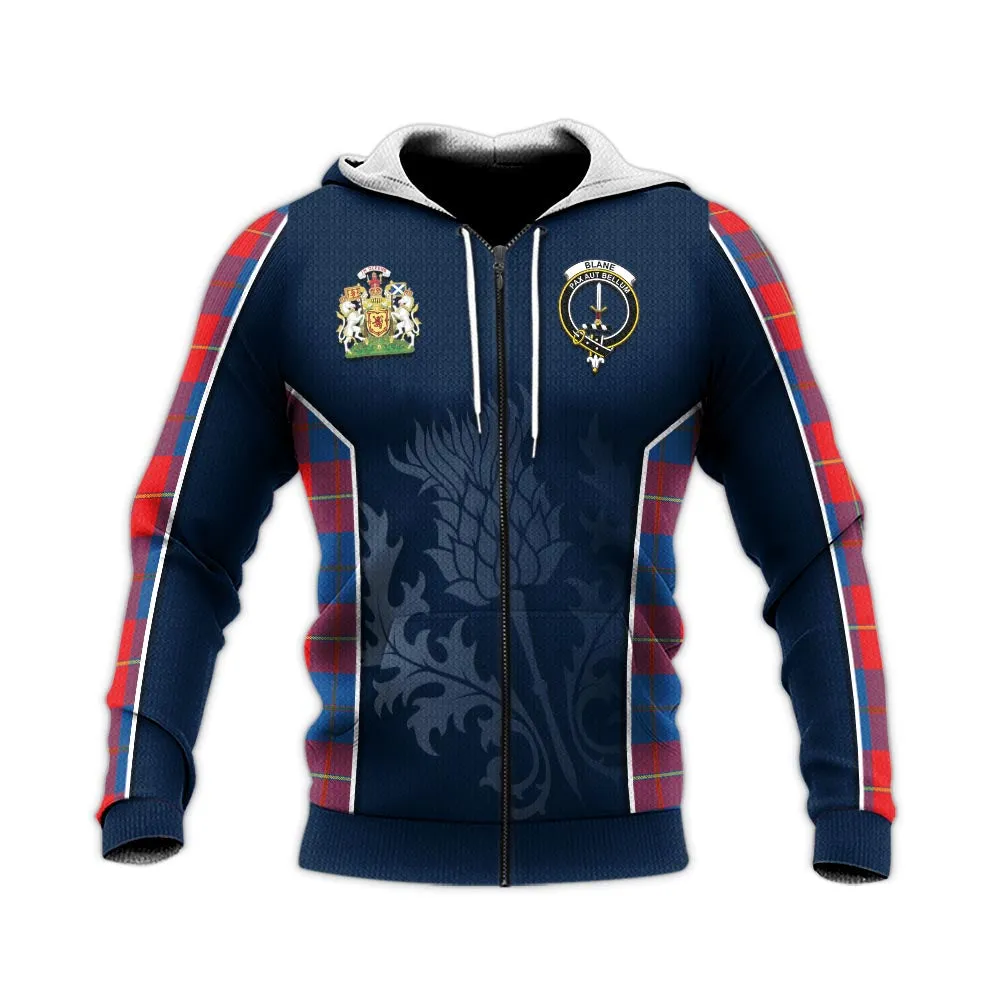 Blane Tartan Knitted Hoodie with Family Crest and Scottish Thistle Vibes Sport Style