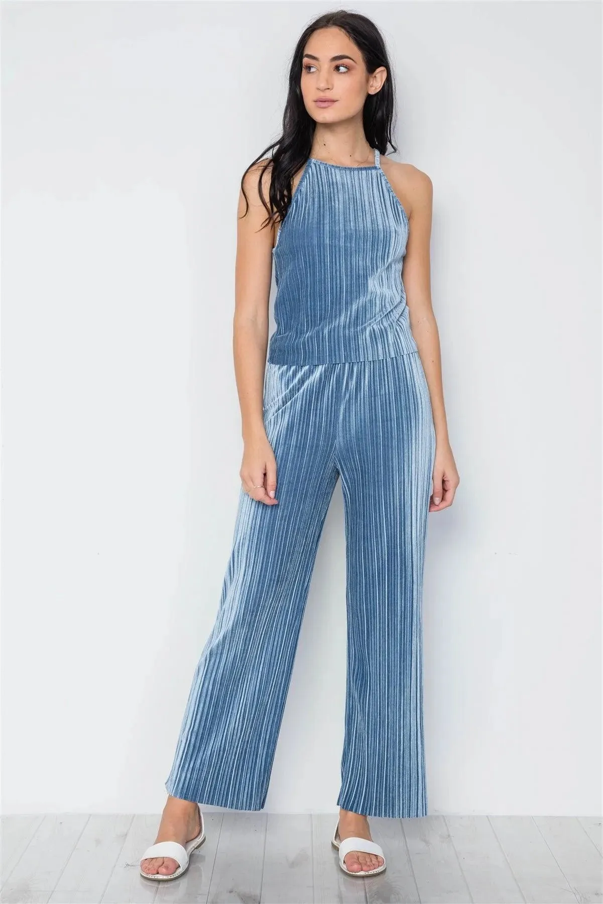 Blue Ribbed Velvet Crop Top And Pants Set /2-2-2