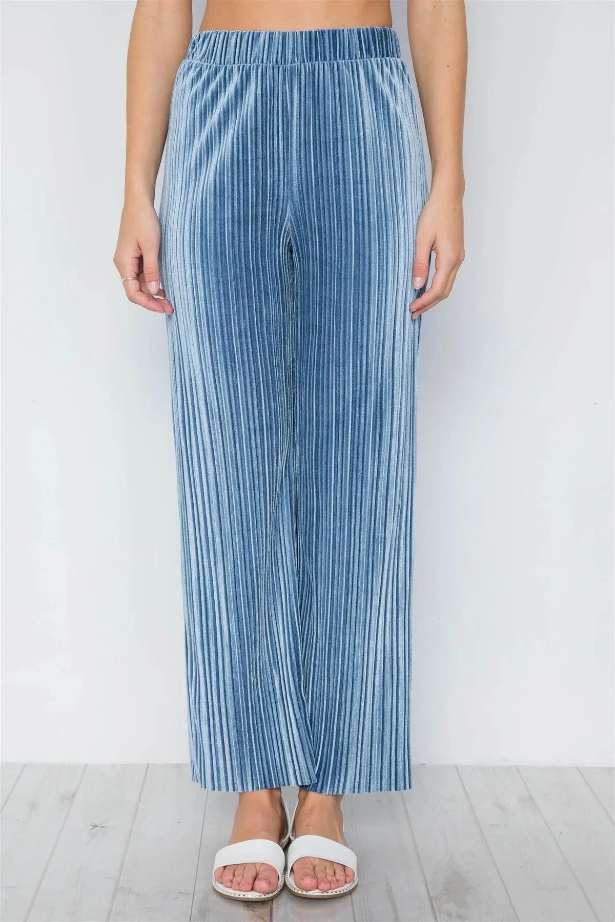 Blue Ribbed Velvet Crop Top And Pants Set /2-2-2