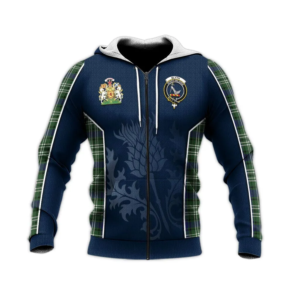 Blyth Tartan Knitted Hoodie with Family Crest and Scottish Thistle Vibes Sport Style