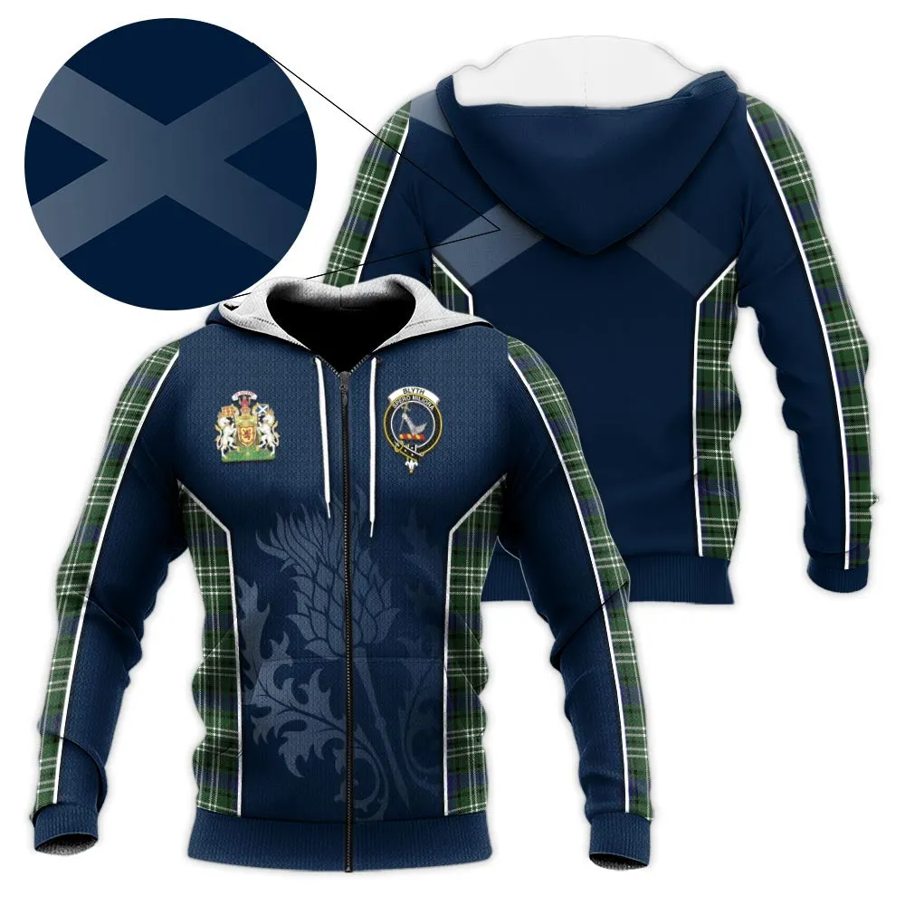 Blyth Tartan Knitted Hoodie with Family Crest and Scottish Thistle Vibes Sport Style